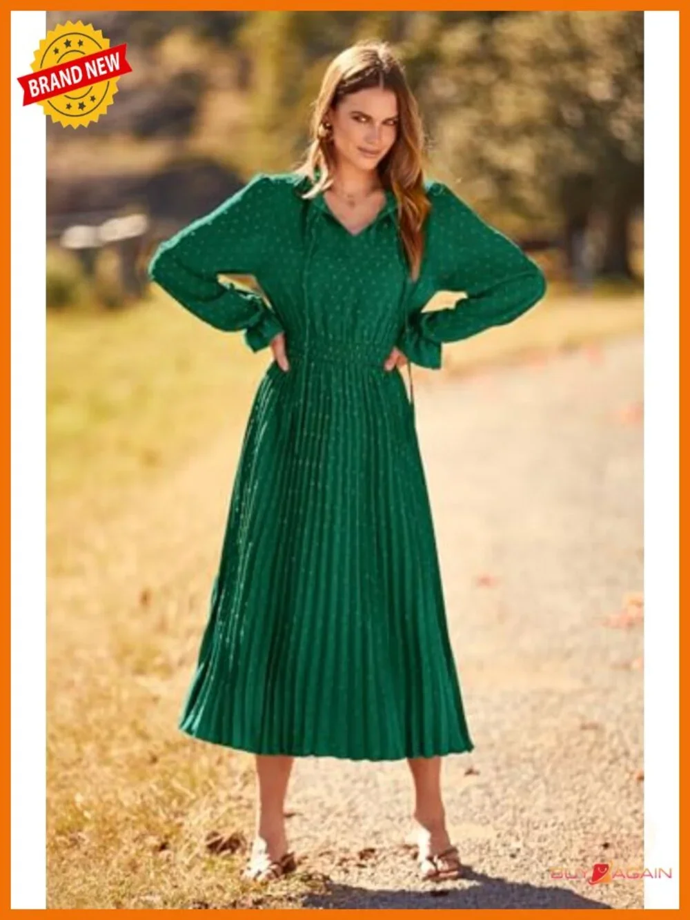 PRETTYGARDEN Women's Swiss Dot Midi Dress Long Sleeve V Neck Casual